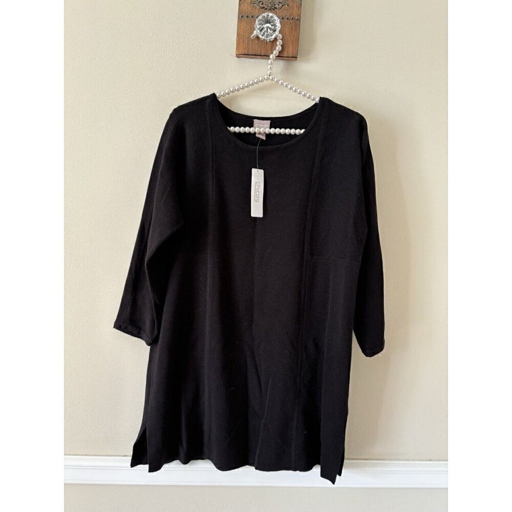 NWT Chicos Womens Size 1 Cyrene 3/4 Sleeve Black Pullover Tunic Sweater